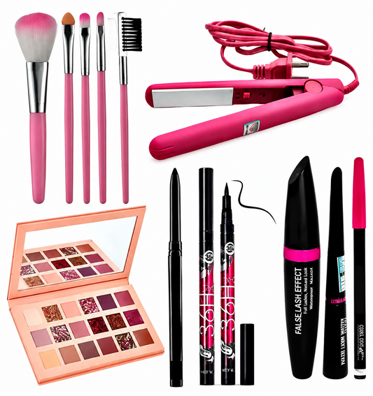 CLASSY MAKEUP COMBO OF EYE SHADOW MAKEUP KIT + 5 &nbsp;EYEBRUSH + 2PC EYELINER + KAJAL + STRAIGHTENER+ MASCARA